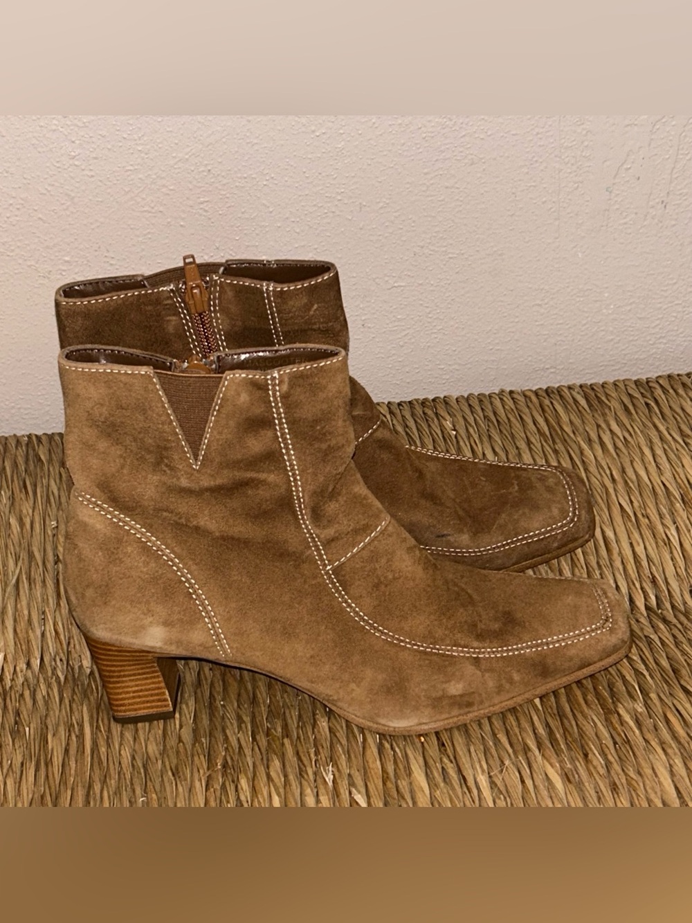 Anne Klein Taupe Suede Ankle Booties with square toe  Stacked Heel